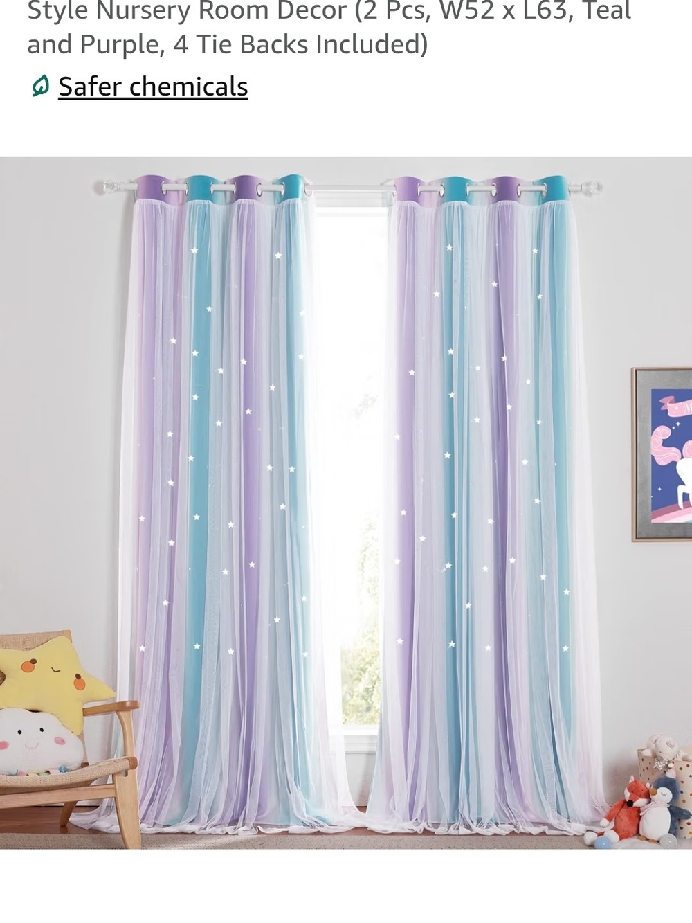 Kids Teal and Purple Star Sheer Window Curtains - Brand